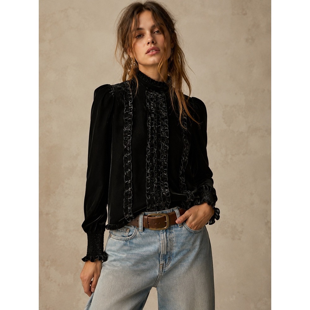 Frame Noir Black Silk Blend Velvet Ruffle Blouse Mock Neck Smocked Top small